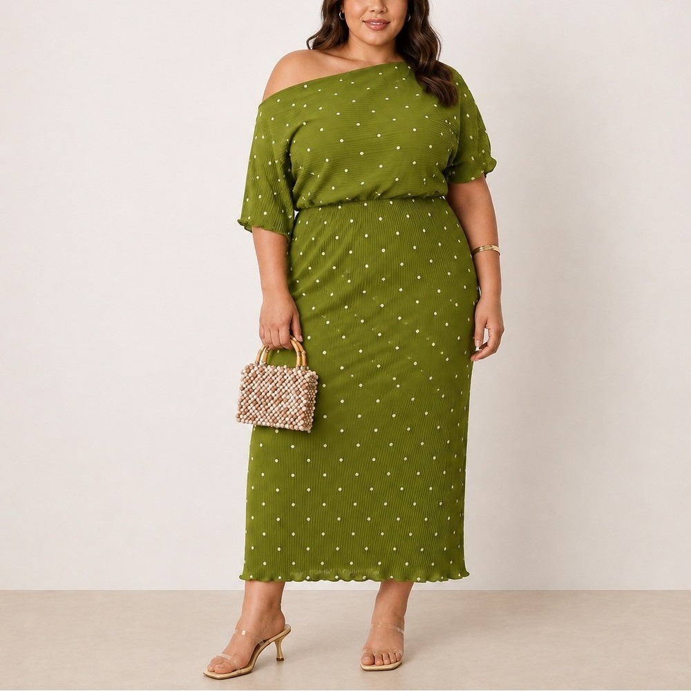 Never Fully Dressed Olive Tilly Dress 24 Green Pleated Plisse Gold Polka Dot